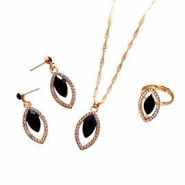 Crystal Necklace Earrings Sets Vintage 4Pcs Rhinestone Teardrop Ring Jewelry Sets for Women (Black)