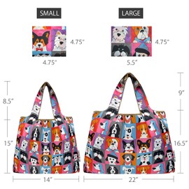 allydrew Unisex Adult Large & Small Foldable Tote Nylon Reusable Grocery Bags, Set of 2, Cute Dogs
