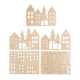 Rayher 64520505 Wooden Stand Houses 3 Pieces Each 19.5 cm, Total Width Approx. 58, Height 14 cm, Wooden Construction Kit 64 Pieces, FSC Mix Credit, Christmas Decoration, Wood Decoration, Natural, 3 x