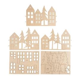 Rayher 64520505 Wooden Stand Houses 3 Pieces Each 19.5 cm, Total Width Approx. 58, Height 14 cm, Wooden Construction Kit 64 Pieces, FSC Mix Credit, Christmas Decoration, Wood Decoration, Natural, 3 x