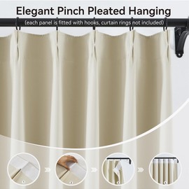 KangBang Cream Beige Pinch Pleated Curtains 2 Panels Set, 90 Inch Pinch Pleat Curtains Blackout for Bedroom Living Room, Room Darkening Sound Dampening Polyester Vertical Drapes with Hooks, 40x90