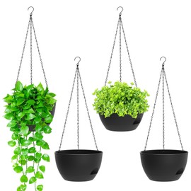 SQKH 8 Inch Hanging Planters for Indoor Outdoor Plants, 4 Pack Black Plastic Self Watering Hanging Baskets with Drainage Holes and Chain for Garden Porch