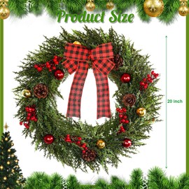 Christmas Wreath 20 Inch, Artificial Large Wreath with Pine Cone Red Berry Bow Ornaments for Front Door Decor Christmas Door Wreath Festival Home Indoor Outdoor Outside Decorations, Bow