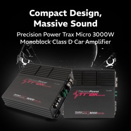 Precision Power Trax Micro Monoblock Class D Car Stereo Amplifier TM1.3000D – 3000W Single Channel Digital Subwoofer Amp with Wired Bass Control & High-Level Inputs for Powerful Audio