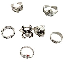 7 Pcs Vintage Silver Knuckle Rings Set for Women Girl Men, Grunge Gothic Rings Stackable Joint Finger Statement Skull Snake Spider Adjustable Open Ring Set