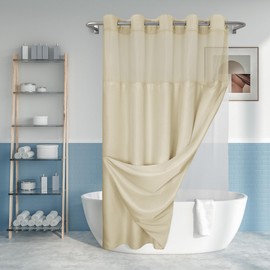No Hook Slub Textured Shower Curtain with Snap-in PEVA Liner Set - 71" x 74"(72"), Hotel Style Beige Shower Curtain with See Through Top Window, Machine Washable & Water Repellent, Linen, 71x74