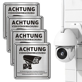 CATOR Video Surveillance Sign, Pack of 4, Attention Video Surveillance Sign, Private Property with DSGVO Notice, 15 x 15 cm Aluminium Warning, Camera Surveillance for Surveillance Camera or