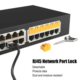 100Pcs RJ45 Port Lock with 5 Keys, Locking RJ45 Port/Dust Blocker,RJ45 Dust Cover Cap Female Port Plugs Protector,Compatible RJ45 Port Devices (Yellow)