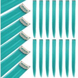 ECOCHARMS 14 PCS Colored Hair Extensions Heat-Resistant Synthetic straight Hairpiece,Multi-colors Party Highlights Clip in Hair Extensions Cosplay Fashion Party Christmas Gift for Women (Teal)