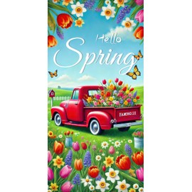 BlissYard Hello Spring Door Cover 71x35 Inch Red Truck Door Banner Spring Door Cover Porch Sign Spring Floral Butterfly Door Covers for Front Door Covers Party Decorative Supplies Outdoor Yard Banner