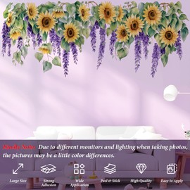 VePret Large Hanging Sunflowers Wall Decals Peel and Stick, Watercolor Lavender Wall Stickers, Removable Vinyl Home Decor Art for Bedroom Living Room Classroom Office