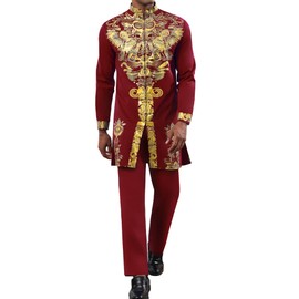 Mens African 2 Piece Set Zipper Nigerian Dashiki Metallic Shirt and Pants Outfit Gold Stamp Printed Long Traditional Suit
