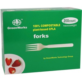 GreenWorks Compostable CPLA Forks, 200 Count Disposable Large Heavyweight Bio-based Plastic Cutlery Flatware Forks