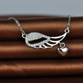 Infinite U Elegant Angel Wing Heart 925 Sterling Silver Cubic Zirconia Pendant Necklace Necklet for Women/Girls, Silver