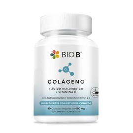 BIO B | Colágeno Hidrolizado 90 Cápsulas Veganas + Ácido Hialurónico + Vitamina C | Fortalece Uñas y Cabello. Humectación | Colágeno bovino y porcino tipo 1 y 3