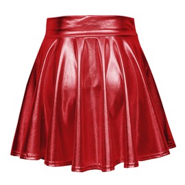 EXCHIC Women's Shiny Metallic Wet Look Stretchy Flared Mini Skater Skirt (XL, Red)