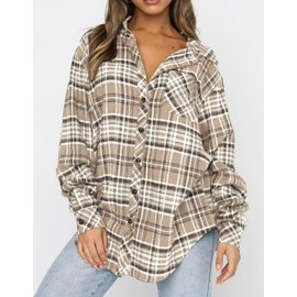 LEEDYA Womens Oversized Flannel Shirts Casual Buffalo Plaid Blouse Button Down Basic Cardigans Top Apricot S