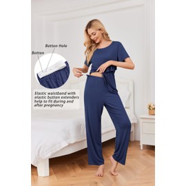 Ekouaer Women's Maternity Nursing Pajamas Sets Short Sleeve Postpartum Pregnancy Pajama for Hospital Breastfeeding PJS with Pants Navy Blue Small