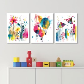 Zeredi Matisse Modern Minimalist Wall Art – Minimalist Floret, Hot Air Balloons, Colored Kite Canvas Painting Prints for Children’s Room Nursery Wall Decor Framed 12"x16" Set of 3