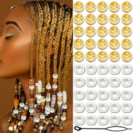 VENOFEN 50PCS Gold Hair Beads Pearl White Loc Bead Shiny Dreadlock Jewelry Accessories Hair Decoration for Women and Girls