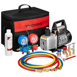 VIVOHOME 110V 1/4 HP 3.5CFM Single Stage Rotary Vane Air Vacuum Pump and AC Manifold Gauge Set Kit with Thermometer for R134a R12 R22 R502 R410a HVAC Air Conditioning Refrigeration Recharging, Black