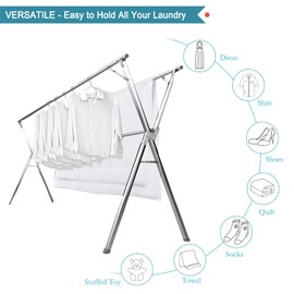 JAUREE 95 Inches Clothes Drying Rack Clothing Folding Indoor Outdoor, Heavy Duty Stainless Steel Laundry Drying Rack, Foldable Portable Garment Rack with 20 Windproof Hooks
