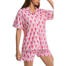 Womens Pajamas Set Button Down 2 Piece Cute Monkey Bunny Y2k Preppy Heart Pjs Sets Lounge Comfy Sleepwear Pink