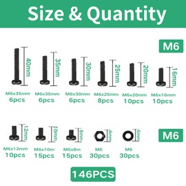 Zmbroll M6 Pan Head Machine Screws 146Pcs Black Metric Fully Threaded Carbon Steel Fastener M6x8/10/12/16/20/25/30/35/40mm Electricians Screw Bolt Nut Washers Hardware Assortment kit