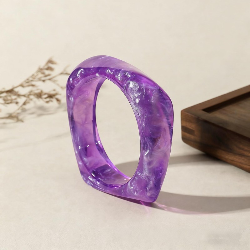 Chunky Transparent Resin Square Bangle - Retro Geometric Acrylic Wristband