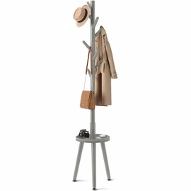 GREENSTELL Coat Rack with 8 Hooks, Wooden Coat Rack Freestanding with Shelf, Coat Tree with 4 Height Options 50.5"-72.6", Coat Hanger Stand for Bags, Clothes, Umbrellas, Hats, in Home, Gray