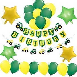 Farm Tractor John Deere Theme Party Decorations-1 Happy Birthday Banner, 1 Tractor Garland,4 Green and Yellow Mylar Balloons,16 Latex Balloons-Construction Supplies and Favors for Girls Boys Kids 1st