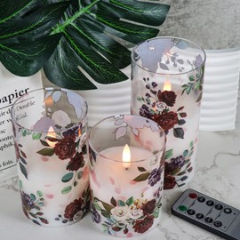 DRomance Battery Operated Glass Flameless Candles with Remote and Timer Real Wax 3D Wick Flickering Rose LED Pillar Candles Wedding Dinner Christmas Holiday Decor D3 x H4, 5", 6"