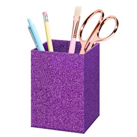 Luminzo Acrylic Desk Pen Holder, 3 x 3 x 4 In Pencil Cup, Purple Glitter