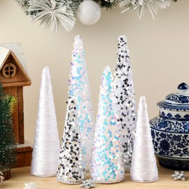 Anglechic 6 Pcs Christmas Mini Cone Trees Tree Glitter Table Decoration Christmas Ornaments Table Centerpiece for Xmas Tabletop Crafts Wedding Party Room Decoration(White)