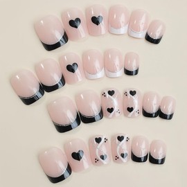 ANDGING Black French Tip Press on Nails Square Short Pink Fake Nails with Striped Hearts Design Acrylic Gel on Nails False Nails with Manicure Stick on Nail for Wedding Birthday 24Pcs DLO97