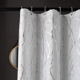 FINECITY Branch Shower Curtain Set - Metallic Silver Tree Branch Printed on White Fabric Grommet Shower Curtain 72 Inch Length for Bathroom 12 Hooks Included, 72 x 72 Inch, Silver White