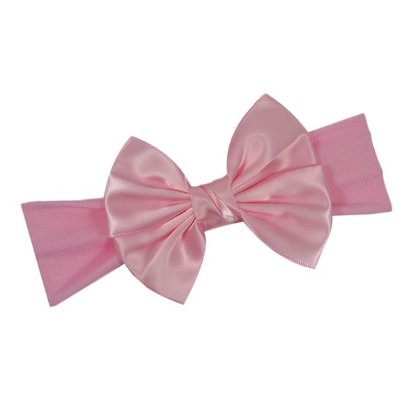 Satin Bow Baby Headband By Funny Girl Designs - Fits Newborn to 6 Months (Light Pink)