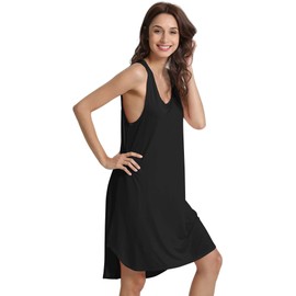 GYS Women's Bamboo Viscose Sleeveless Nightgowns Soft Scoop Neck Wide Strap Knit Sleepshirts, Black, Large