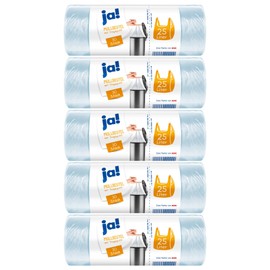 ja! 150 Trash Bags with Carry Handle, 25 Litres, 30 per Roll, Tear Resistant Bottom Seam, Transparent, 5 Rolls