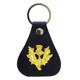 Dragon Scottish Gold Thistle Keychain | Black Leather Highland Key Ring Gift