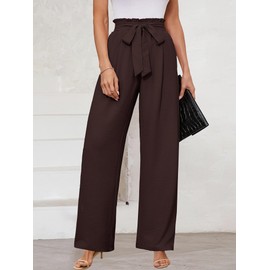 KORSIS Women's Lounge Pants Wide Leg Trousers Brown Large Lightweight High Waisted Loose Casual Work Elastic Pants with Pockets