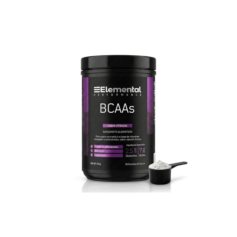 ELEMENTAL BCAA + Glutamina 420g 30 Porciones Sin Azúcar Cítricos