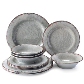 LEHAHA Farmhouse Melamine Dishes Dinnerware Set, 12 Piece Rustic Plates and Bowls Great for Picnic, Camping, Service for 4, Reusable and Dishwasher Safe, Indoor and Outdoor Use