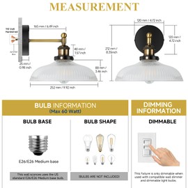 Vintage Wall Sconces Set of 2 Indoor 110V Hardwired Stripe Glass Wall Mounted Lamp Light Fixtures for Bathroom Vanity Kitchen Hallway Stairway, Anti-Rust Brushed Bronze Finish, E26 Base, WS-23061-B2