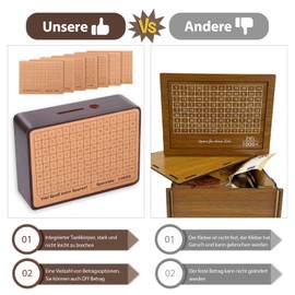 Selizo Wooden Money Box, Money Box with Numbers Tick with Target, Piggy Bank with Savings Target, Reusable €500 €1,000 €2,000 €3,000 €5,000 No Assembly Required, Brown