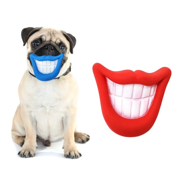 Zelica Smiling Mouth Squeaky Chew Dog Toy | Funny Novelty Chew Toys for Dogs | Red and Blue (2 Pack)