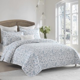 FineStichery Blue King Quilt Set - 100% Cotton Quilts, King Quilt Bedding Set, Farmhouse Floral Quilt, Lightweight Bedspread Coverlet for All Seasons, 3 Piece, 98"x106"