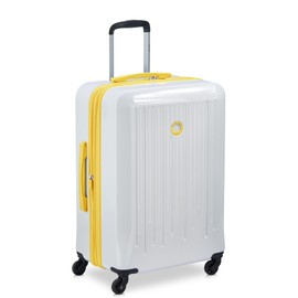 DELSEY PARIS Christine Expandable Luggage, Stylish and Unique, Glossy Exterior with 360 Spinner Wheels, Lockable Telescoping Handle, Men and Women, White with Yellow Trim, Medium Check-In 24-Inch