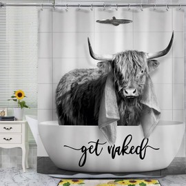 SVBright Highland Cow Shower Curtain 60Wx72L Inch Rustic Gray Bull Cattle Vintage Rustic Farmhouse Animal Wildlife Western Farm 12 Pack Hooks Polyester Waterproof Fabric Bathroom Bathtub Panels