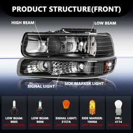 Aosky Headlight Assembly with bumper lights 4pcs Fits for 1999-2002 Chevy Silverado&2000-2006 Chevy Tahoe Suburban, Black Housing with Amber Reflector